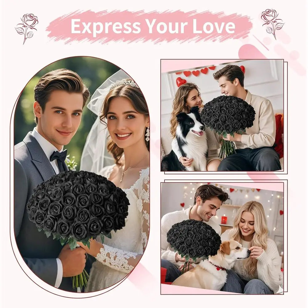 102PCS Black Artificial Rose Bouquet – Long Stem Faux Roses for DIY Wedding Decor, Gothic Floral Arrangements, Party Decorations, Home & Event Centerpieces