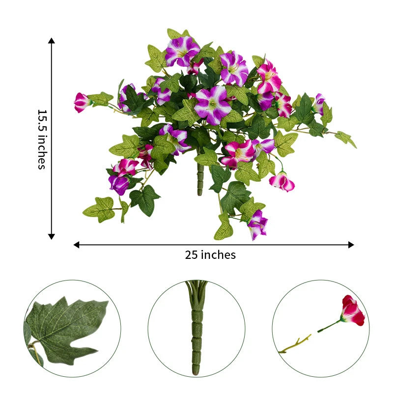 Artificial Morning Glory Flower Branch – 25×15.5inch Faux Purple Red Vine Plant for Outdoor Garden Decor, Living Room Floral Arrangement, Wedding & Home Decoration