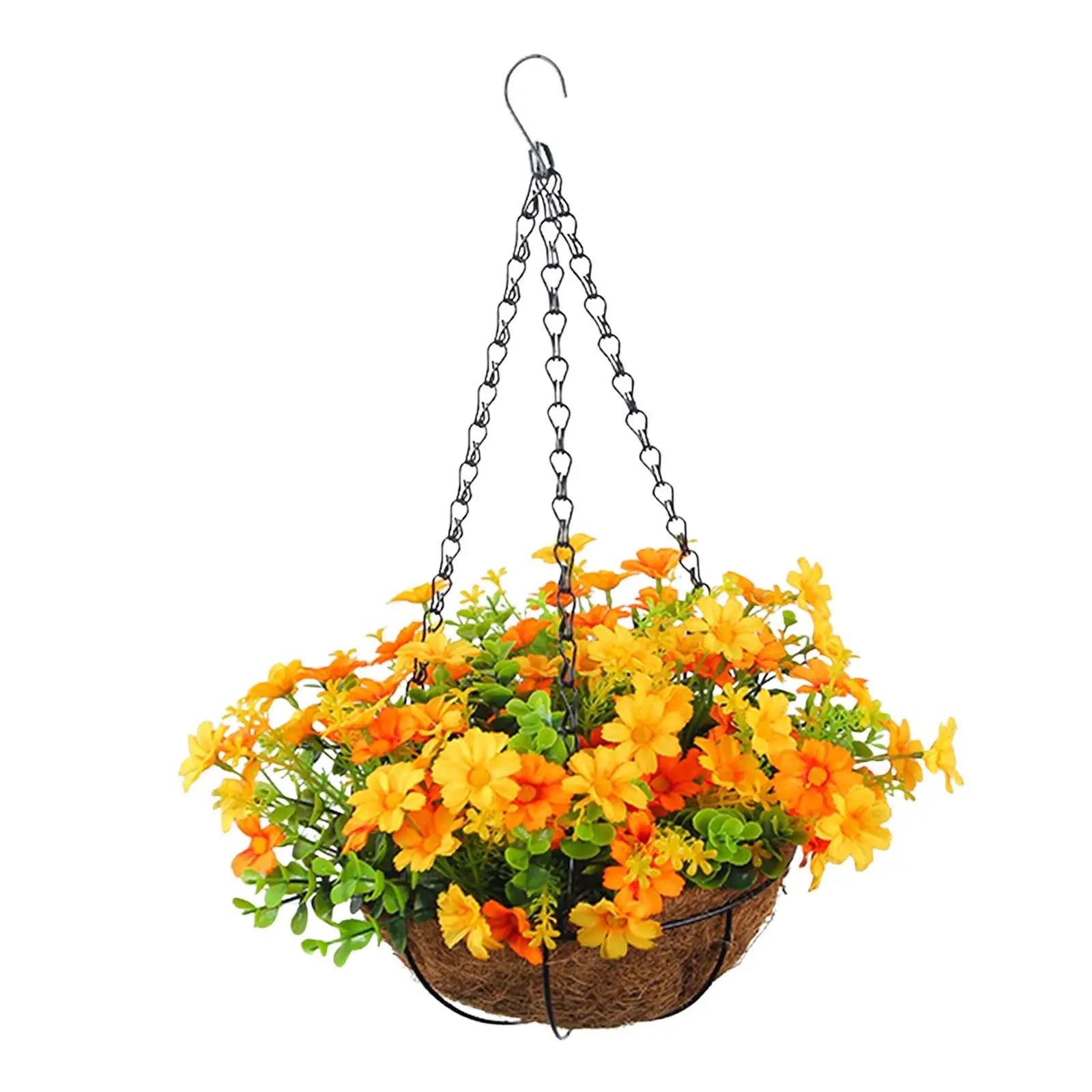 Artificial Hanging Flower Basket with Coconut Liner – Faux Daisy Flower Planter with Chain for Outdoor Patio, Balcony, Porch, Indoor Home Decor