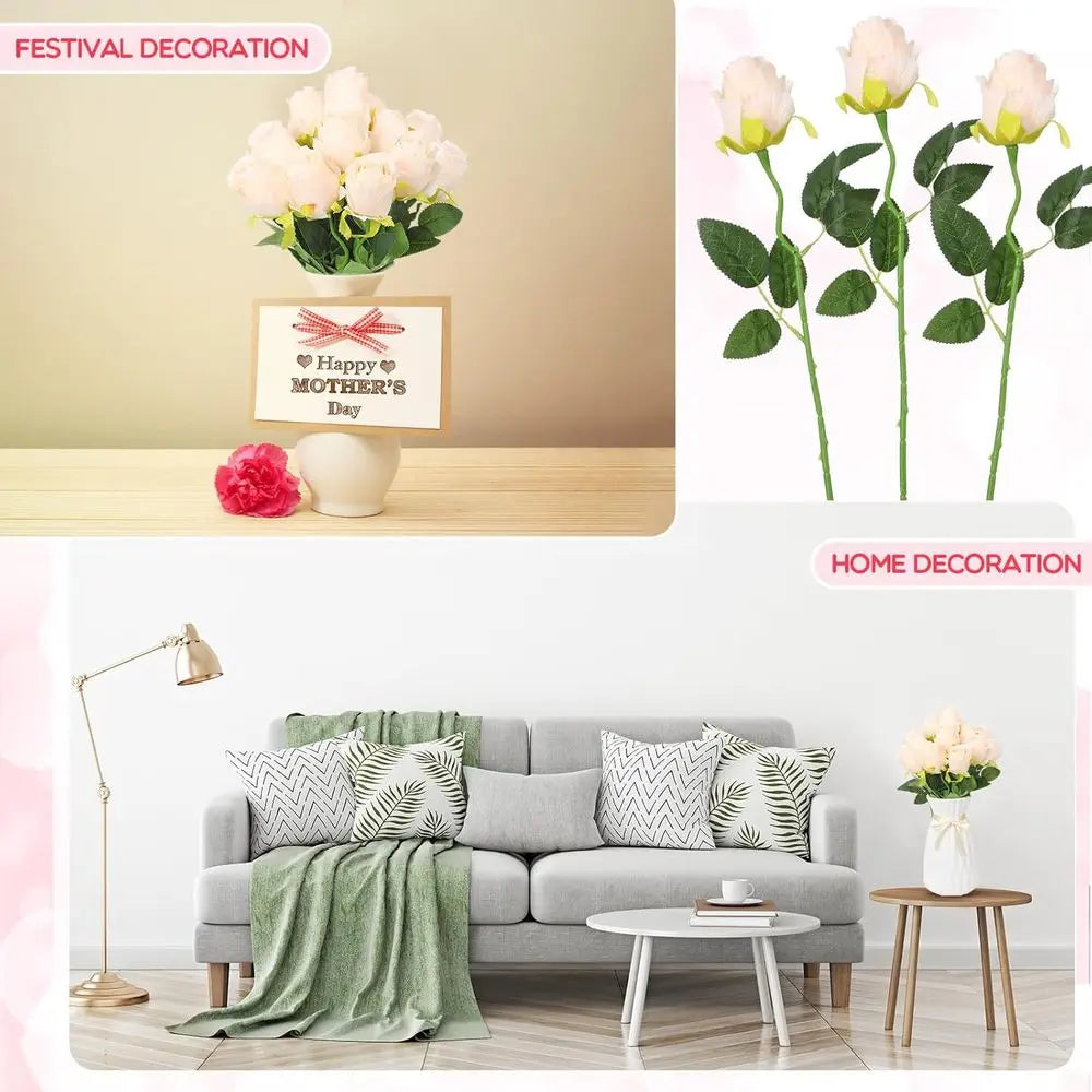 100PCS Beige Artificial Silk Roses – Long Stem Bulk Flowers