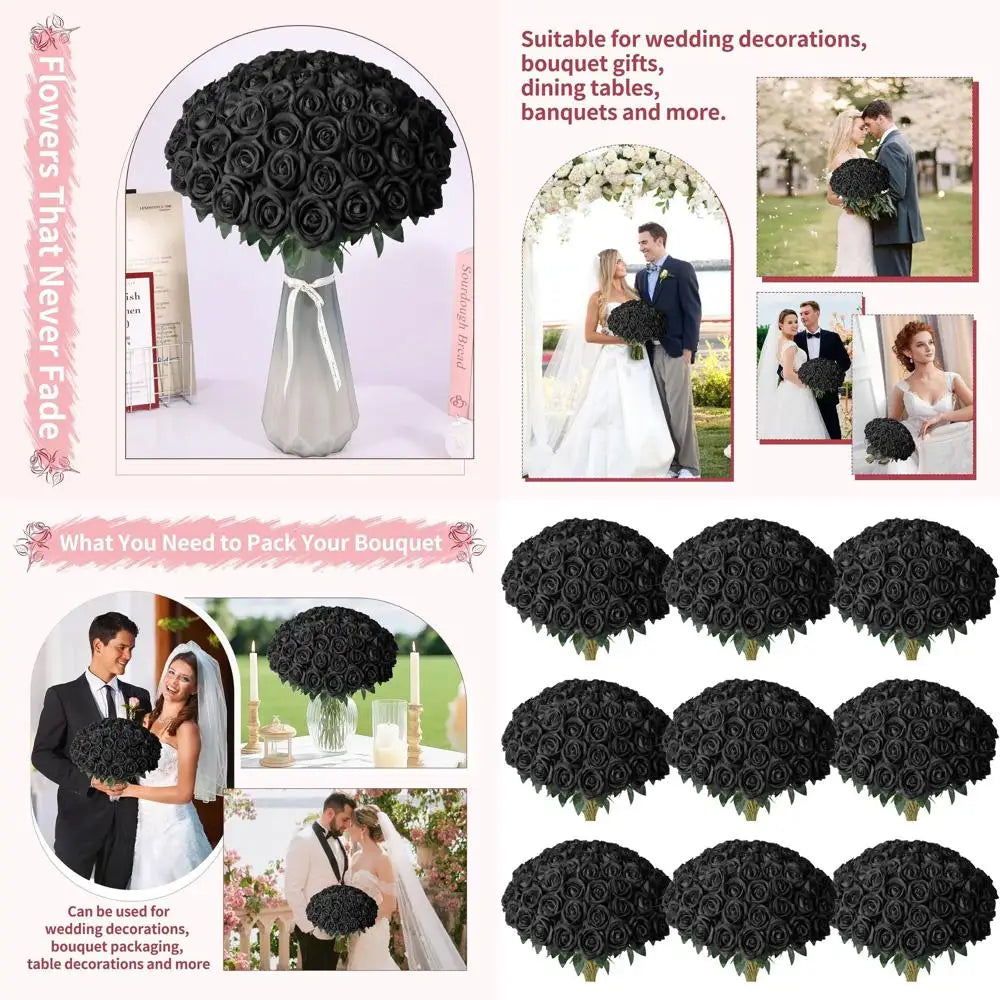 102PCS Black Artificial Rose Bouquet – Long Stem Faux Roses for DIY Wedding Decor, Gothic Floral Arrangements, Party Decorations, Home & Event Centerpieces