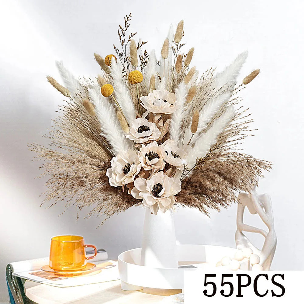 56PCS Artificial Peony & Pampas Grass Bouquet Bulk – Boho Faux Dried Floral Mix