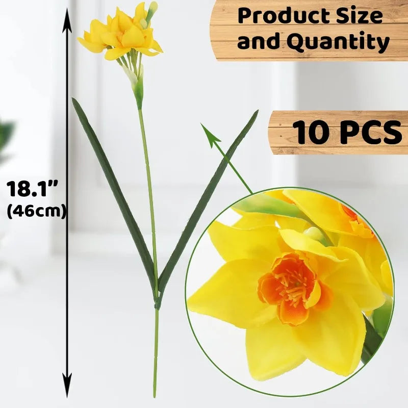 Artificial Daffodil Flower Bouquet – 10PCS White Narcissus Silk Faux Spring Flowers for Home Decor, Wedding Arrangements, Outdoor & Indoor Centerpieces