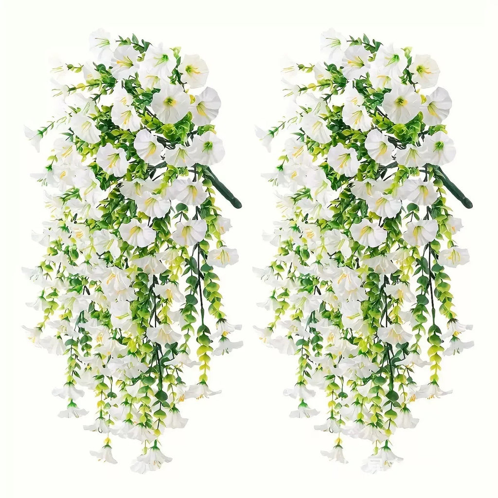 2PCS Artificial Morning Glory & Eucalyptus Hanging Flowers – Faux Vine Garland for Outdoor Wedding Decor, Garden, Party & Home Decoration