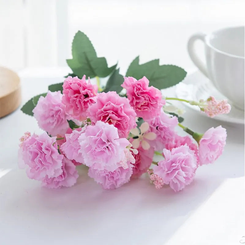 Artificial Small Carnation Bouquet – 5 Fork 15 Head Silk Flowers