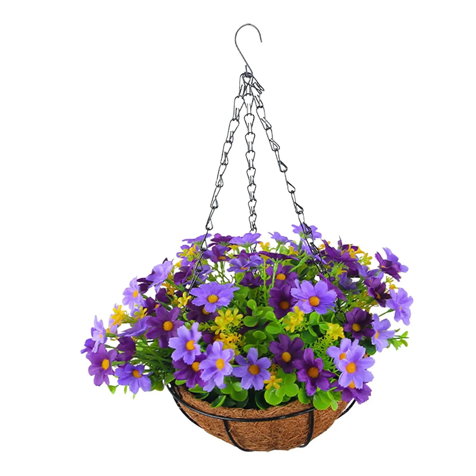 Artificial Hanging Flower Basket with Coconut Liner – Faux Daisy Flower Planter with Chain for Outdoor Patio, Balcony, Porch, Indoor Home Decor
