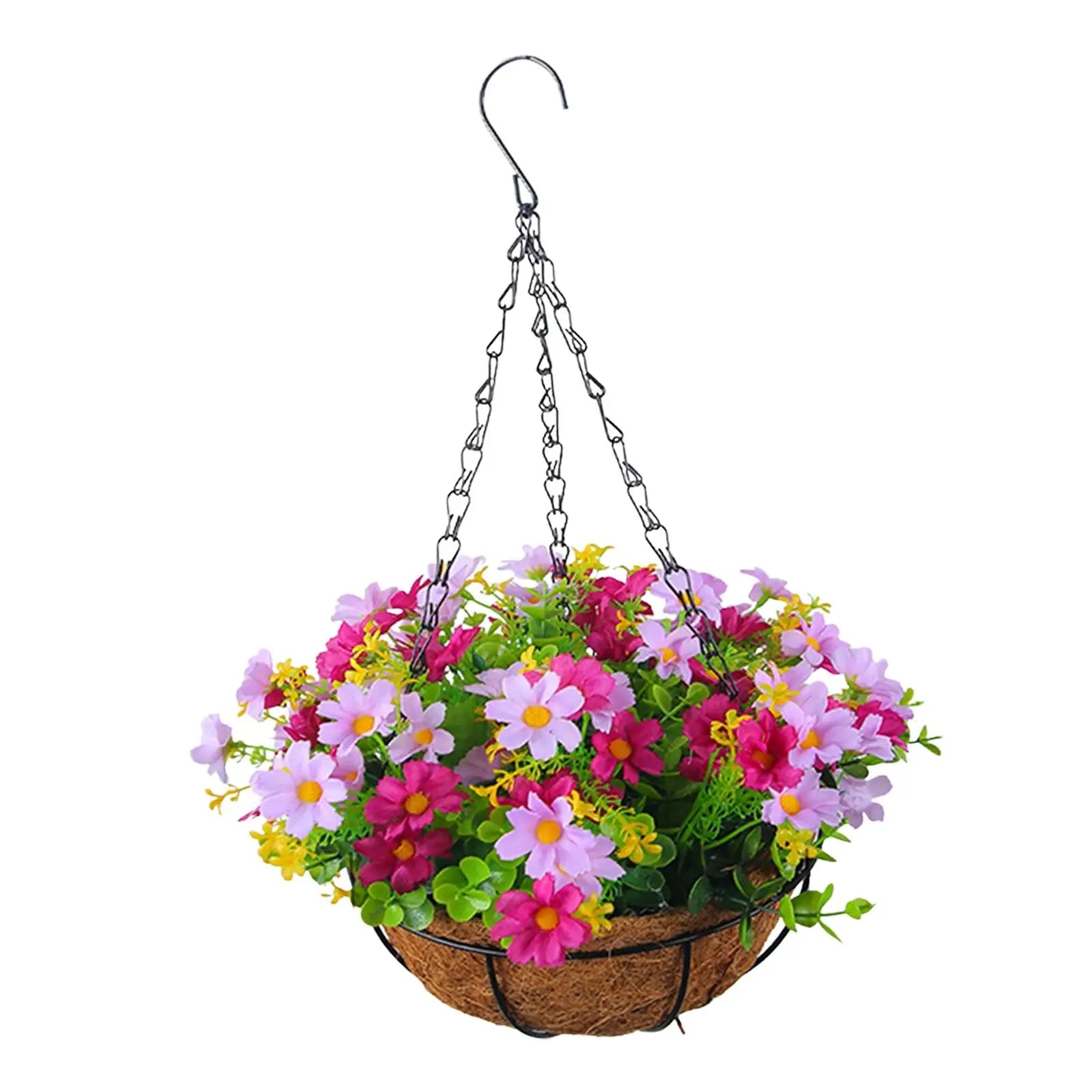 Artificial Hanging Flower Basket with Coconut Liner – Faux Daisy Flower Planter with Chain for Outdoor Patio, Balcony, Porch, Indoor Home Decor