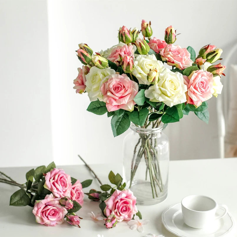 Artificial Big Pink Rose Branch Bouquet – Silk/Latex