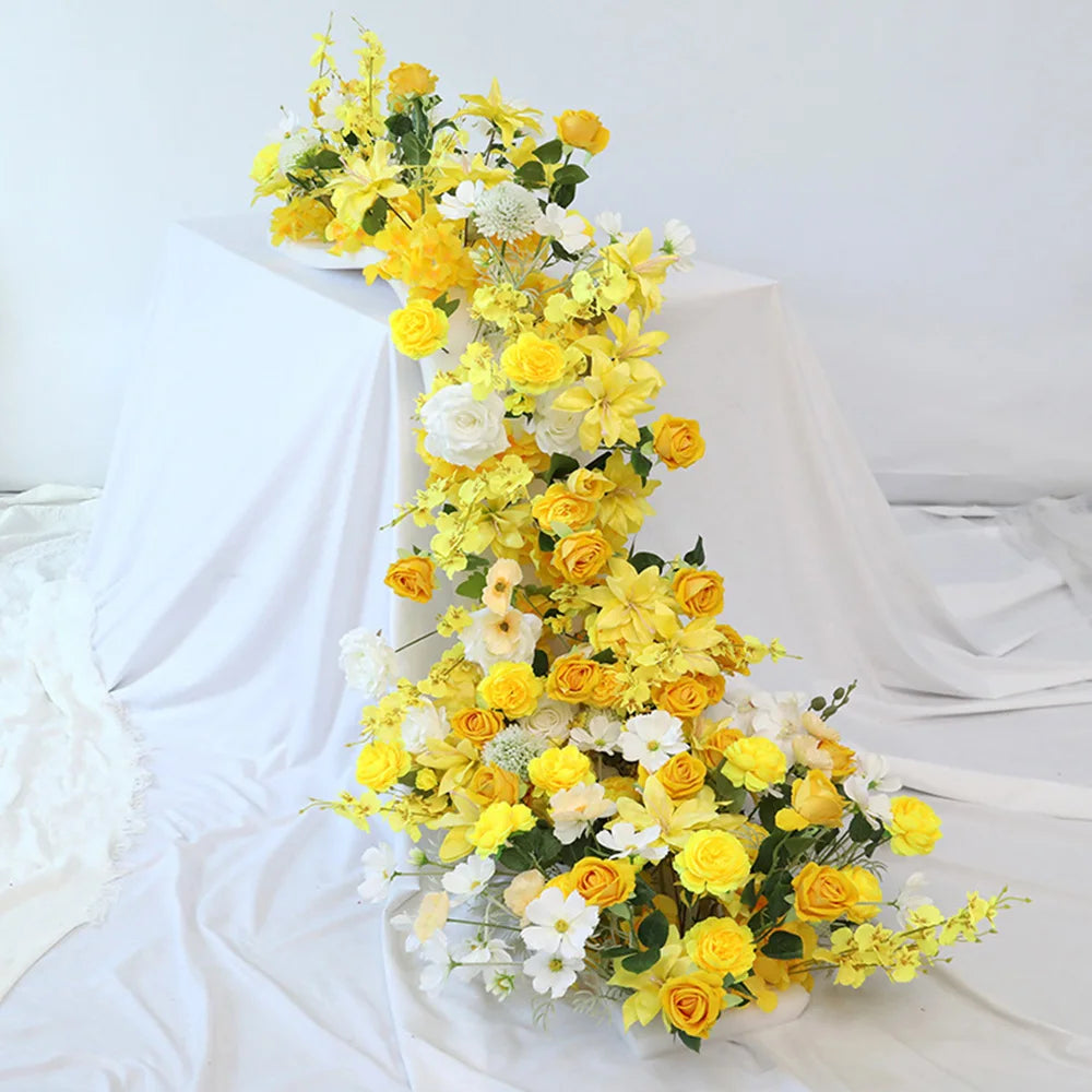 Yellow Artificial Flower Row Garland – Silk Wedding Backdrop Floral Arrangement for Ceremony Arch, Table Runner, Stage & Party Decoration