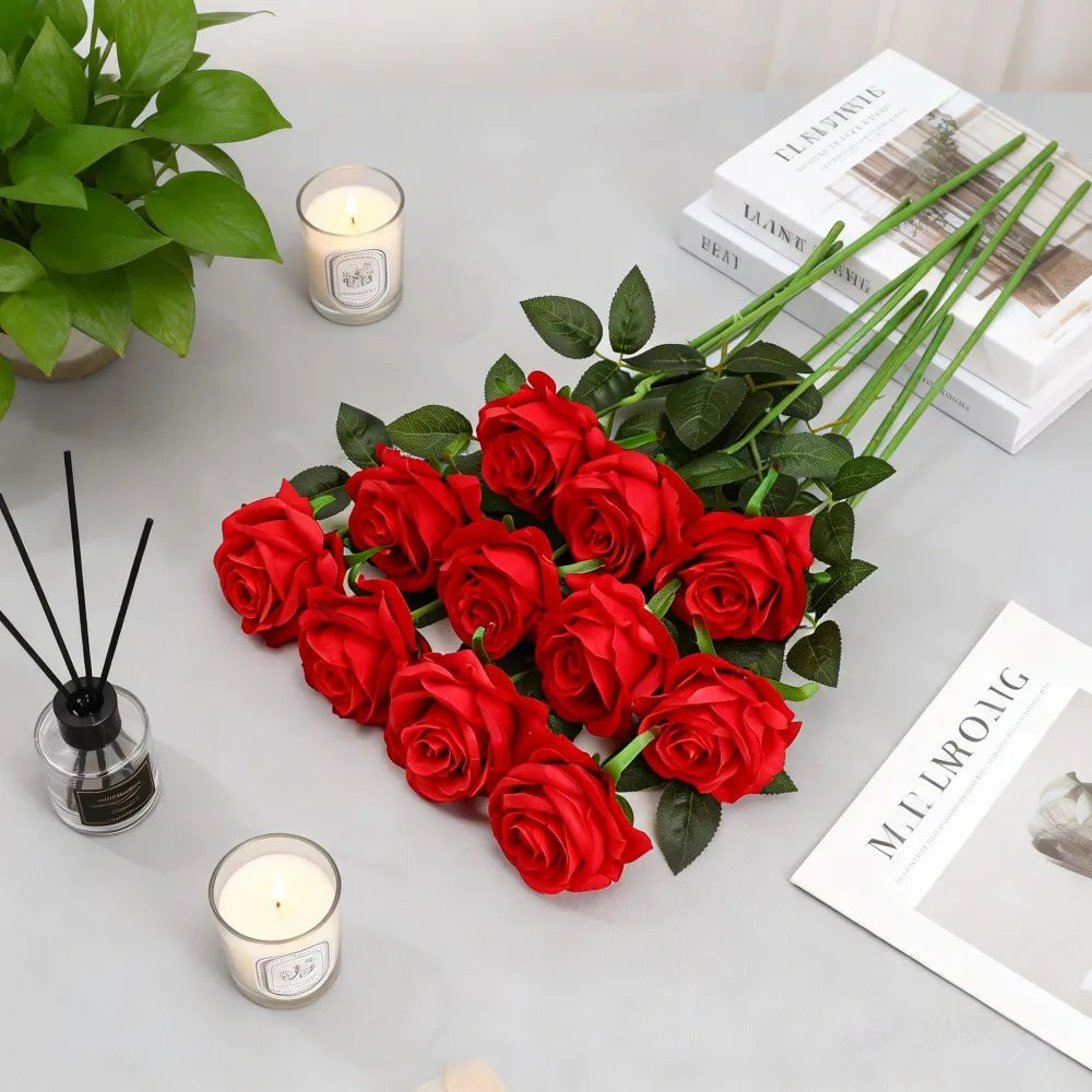 10PCS Red Bulk Artificial Roses – Silk Faux Rose Flowers with Stems