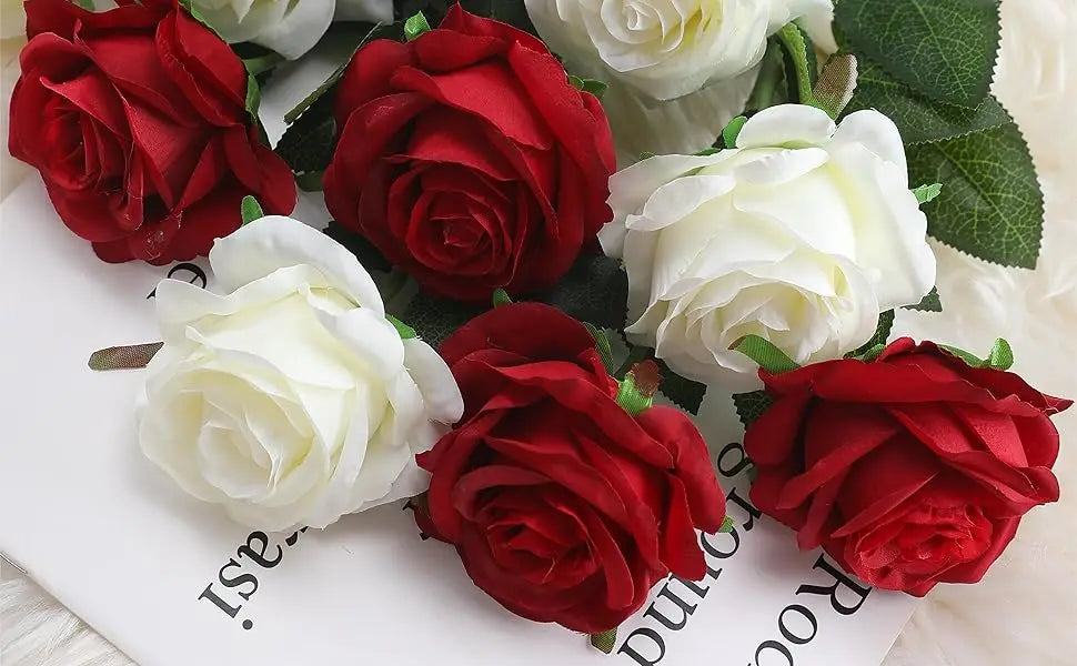 10PCS Red Bulk Artificial Roses – Silk Faux Rose Flowers with Stems