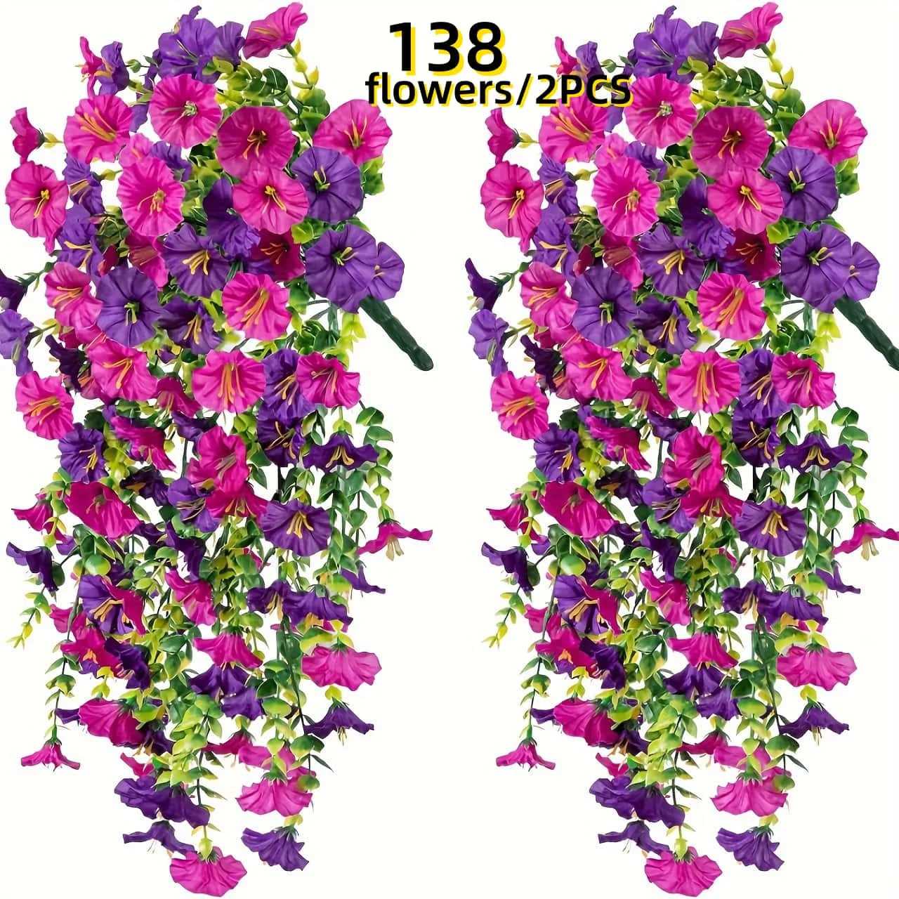 2PCS UV Resistant Artificial Morning Glory Hanging Flowers with Eucalyptus Vine – Outdoor Silk Flower Garland for Patio, Garden, Porch, Wedding Arch, Home Decor