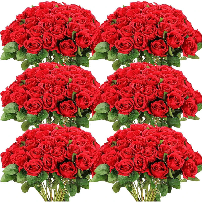 50PCS Bulk Artificial Velvet Roses – Faux Wedding Bouquet Flowers