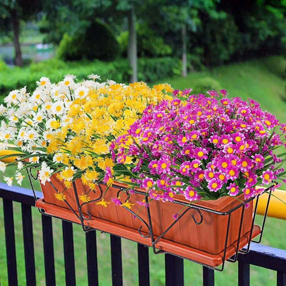 UV Resistant Artificial Daisy Flowers – Faux Outdoor Foliage Plants for Window Boxes, Hanging Planters, Garden, Farmhouse & Home Decor (White, Pink, Purple, Yellow)