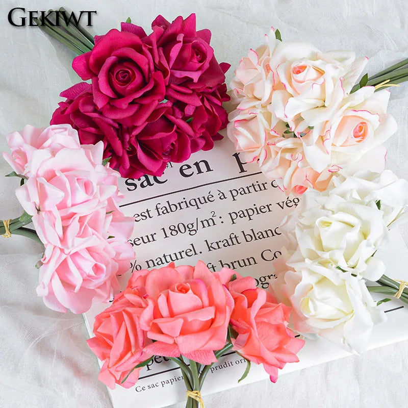 Artificial Rose Bouquet – 5-Head Curled Edge Silk Roses Fake Wedding Flowers Bouquet for Home Décor, Party, Bridal Shower & Event Styling