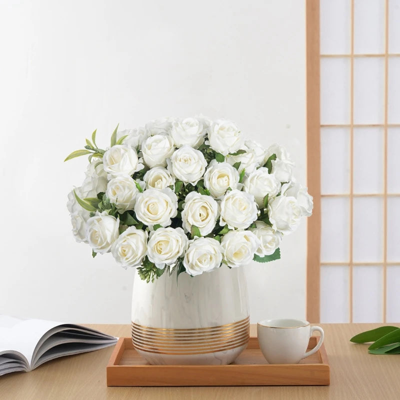 10-Head Artificial White Rose Bouquet Bulk – Silk Fake Flower Bundle for Wedding Decor