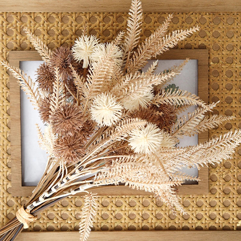 Artificial Prickly Ball Flowers – Brown Pom Pom Mum Fake Flower Branch
