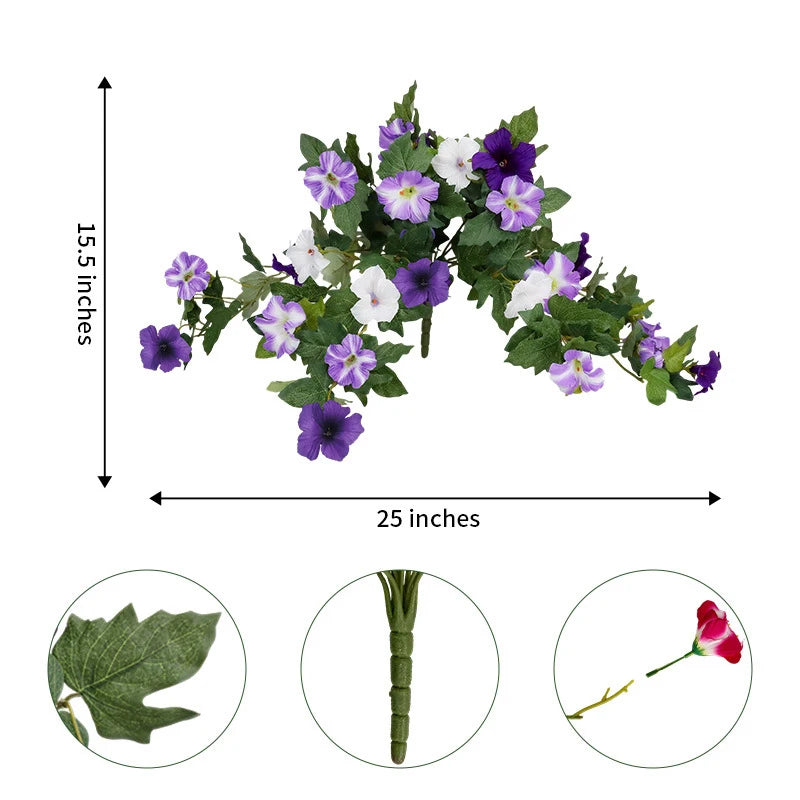 Artificial Morning Glory Flower Branch – 25×15.5inch Faux Purple Red Vine Plant for Outdoor Garden Decor, Living Room Floral Arrangement, Wedding & Home Decoration