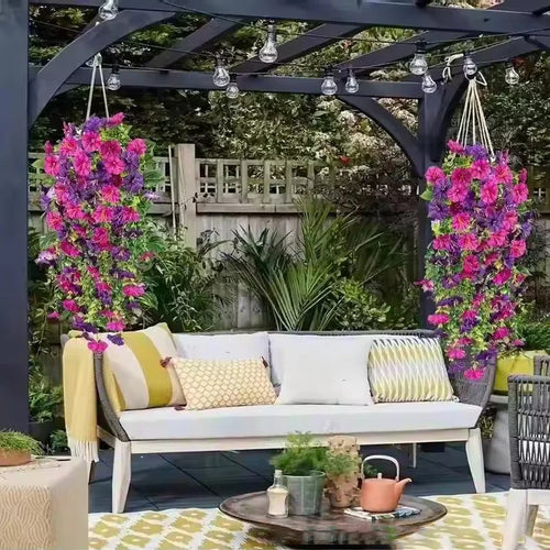 2PCS Artificial Morning Glory & Eucalyptus Hanging Flowers – Faux Vine Garland for Outdoor Wedding Decor, Garden, Party & Home Decoration
