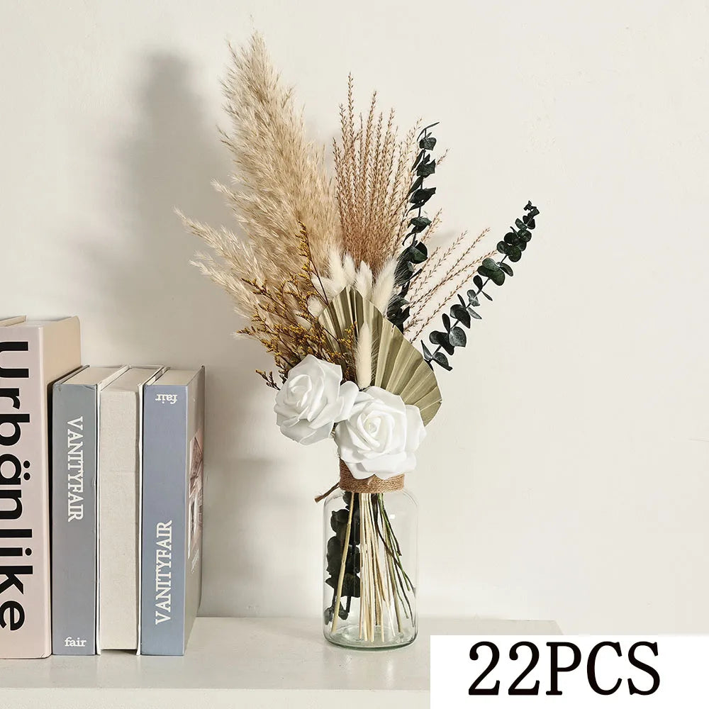 56PCS Artificial Peony & Pampas Grass Bouquet Bulk – Boho Faux Dried Floral Mix