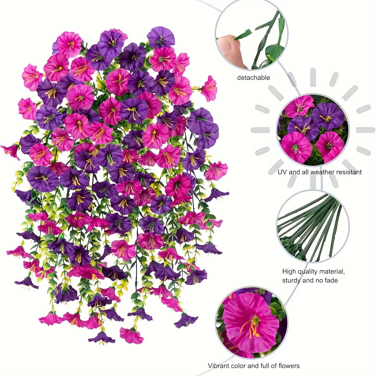2PCS UV Resistant Artificial Morning Glory Hanging Flowers with Eucalyptus Vine – Outdoor Silk Flower Garland for Patio, Garden, Porch, Wedding Arch, Home Decor