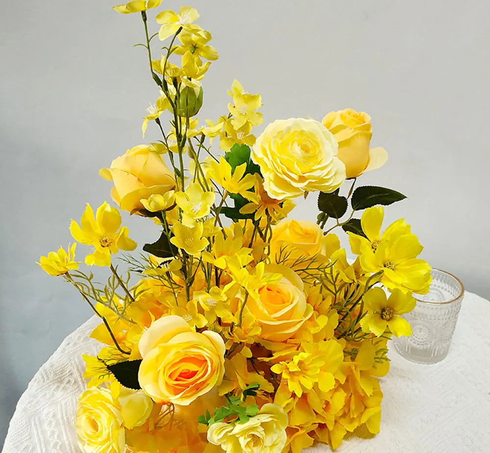 Yellow Artificial Flower Row Garland – Silk Wedding Backdrop Floral Arrangement for Ceremony Arch, Table Runner, Stage & Party Decoration
