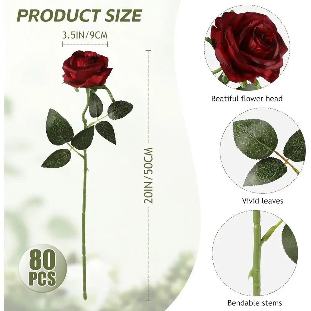 80PCS Burgundy Artificial Roses with Stems – Realistic Silk Faux Rose Flowers for Wedding Centerpieces, Party Decor, DIY Bouquets & Home Arrangements