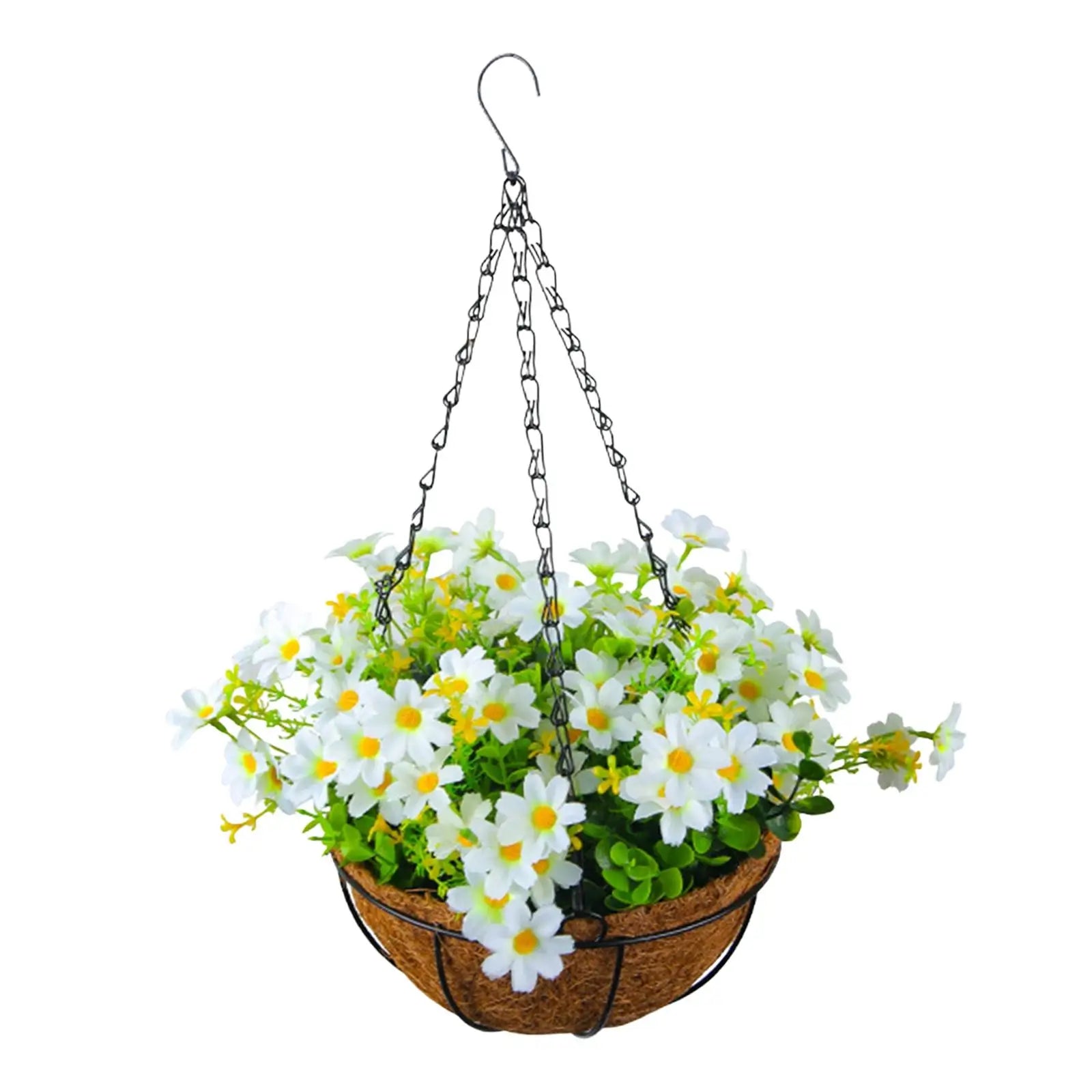 Artificial Hanging Flower Basket with Coconut Liner – Faux Daisy Flower Planter with Chain for Outdoor Patio, Balcony, Porch, Indoor Home Decor