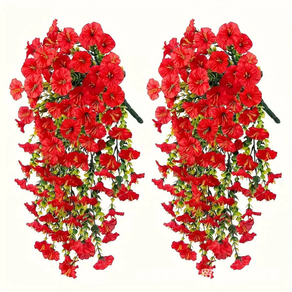 2PCS Artificial Morning Glory & Eucalyptus Hanging Flowers – Faux Vine Garland for Outdoor Wedding Decor, Garden, Party & Home Decoration