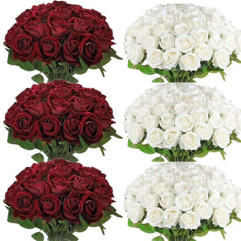 50PCS Bulk Artificial Velvet Roses – Faux Wedding Bouquet Flowers