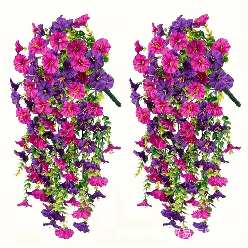2PCS Artificial Morning Glory & Eucalyptus Hanging Flowers – Faux Vine Garland for Outdoor Wedding Decor, Garden, Party & Home Decoration