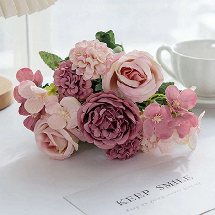 Bulk Artificial Rose Peony Hydrangea Wedding Bouquet
