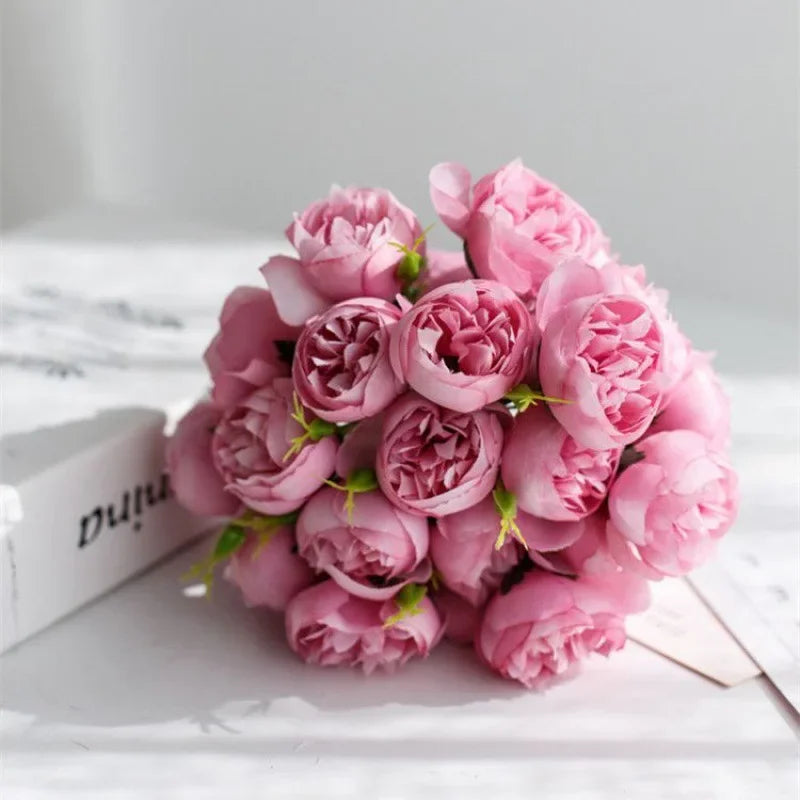 27-Head Artificial Rose Pink Peony & Rose Silk Bouquet | Realistic Faux Flowers for Wedding Décor, Table Arrangements & Home Styling