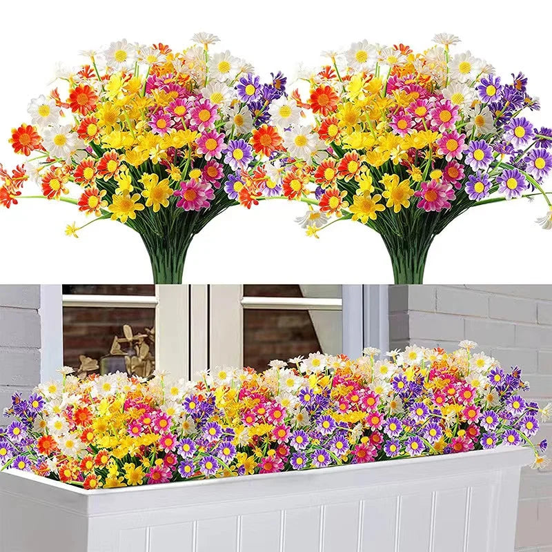 UV Resistant Artificial Daisy Flowers – Faux Outdoor Foliage Plants for Window Boxes, Hanging Planters, Garden, Farmhouse & Home Decor (White, Pink, Purple, Yellow)