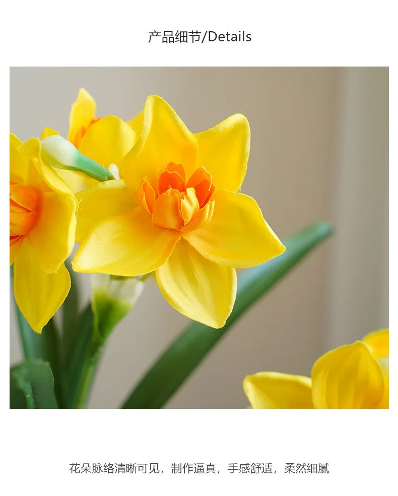 10PCS Artificial Daffodil Flowers – White & Yellow Narcissus Silk Faux Spring Flower Branches for Wedding Decor, Home Arrangement, Outdoor & Photography Props