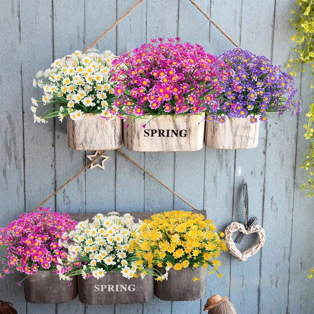 UV Resistant Artificial Daisy Flowers – Faux Outdoor Foliage Plants for Window Boxes, Hanging Planters, Garden, Farmhouse & Home Decor (White, Pink, Purple, Yellow)