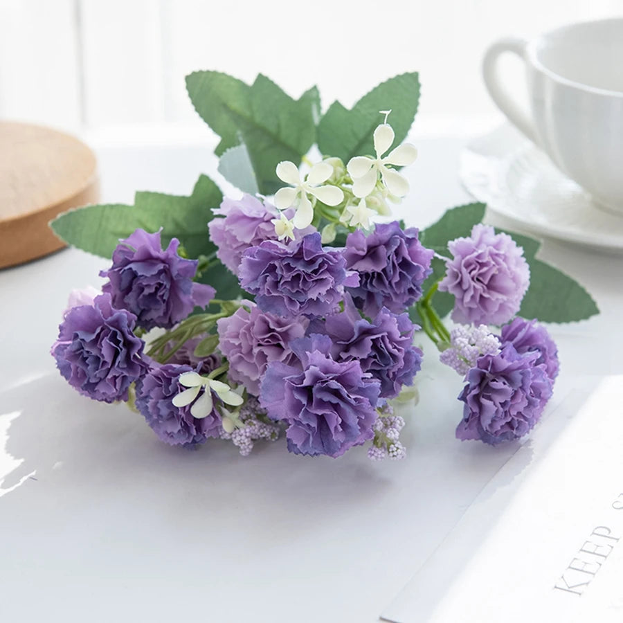 Artificial Small Carnation Bouquet – 5 Fork 15 Head Silk Flowers