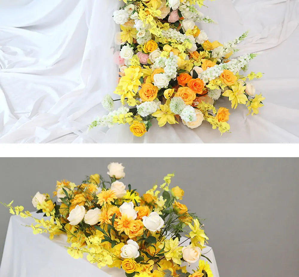Yellow Artificial Flower Row Garland – Silk Wedding Backdrop Floral Arrangement for Ceremony Arch, Table Runner, Stage & Party Decoration