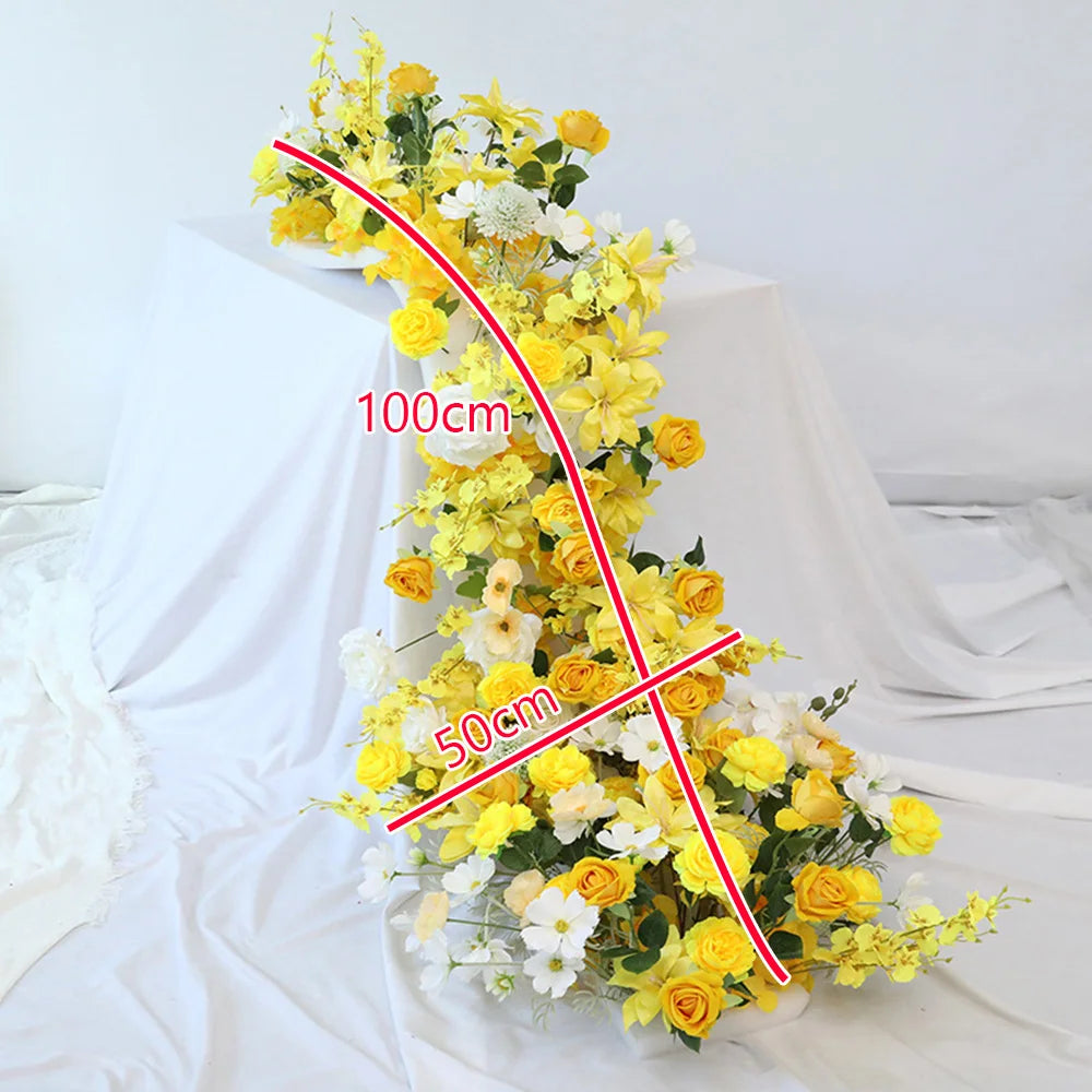 Yellow Artificial Flower Row Garland – Silk Wedding Backdrop Floral Arrangement for Ceremony Arch, Table Runner, Stage & Party Decoration