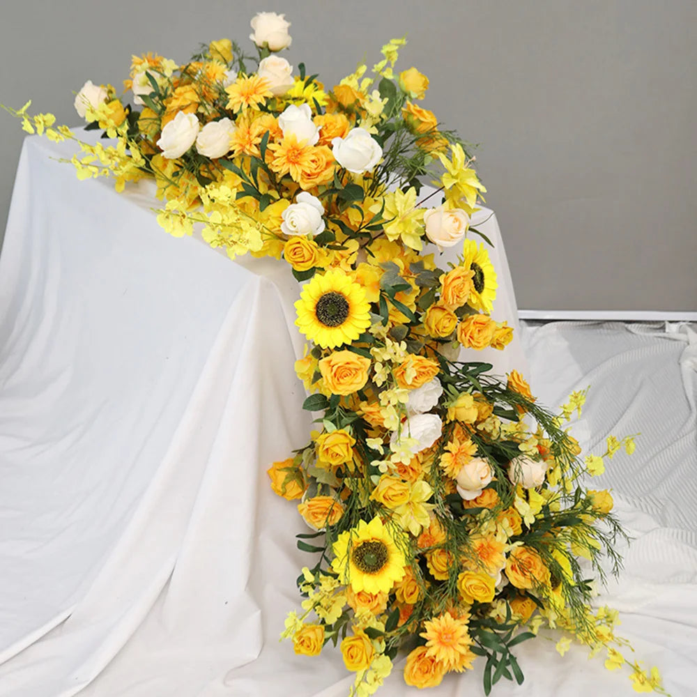 Yellow Artificial Flower Row Garland – Silk Wedding Backdrop Floral Arrangement for Ceremony Arch, Table Runner, Stage & Party Decoration