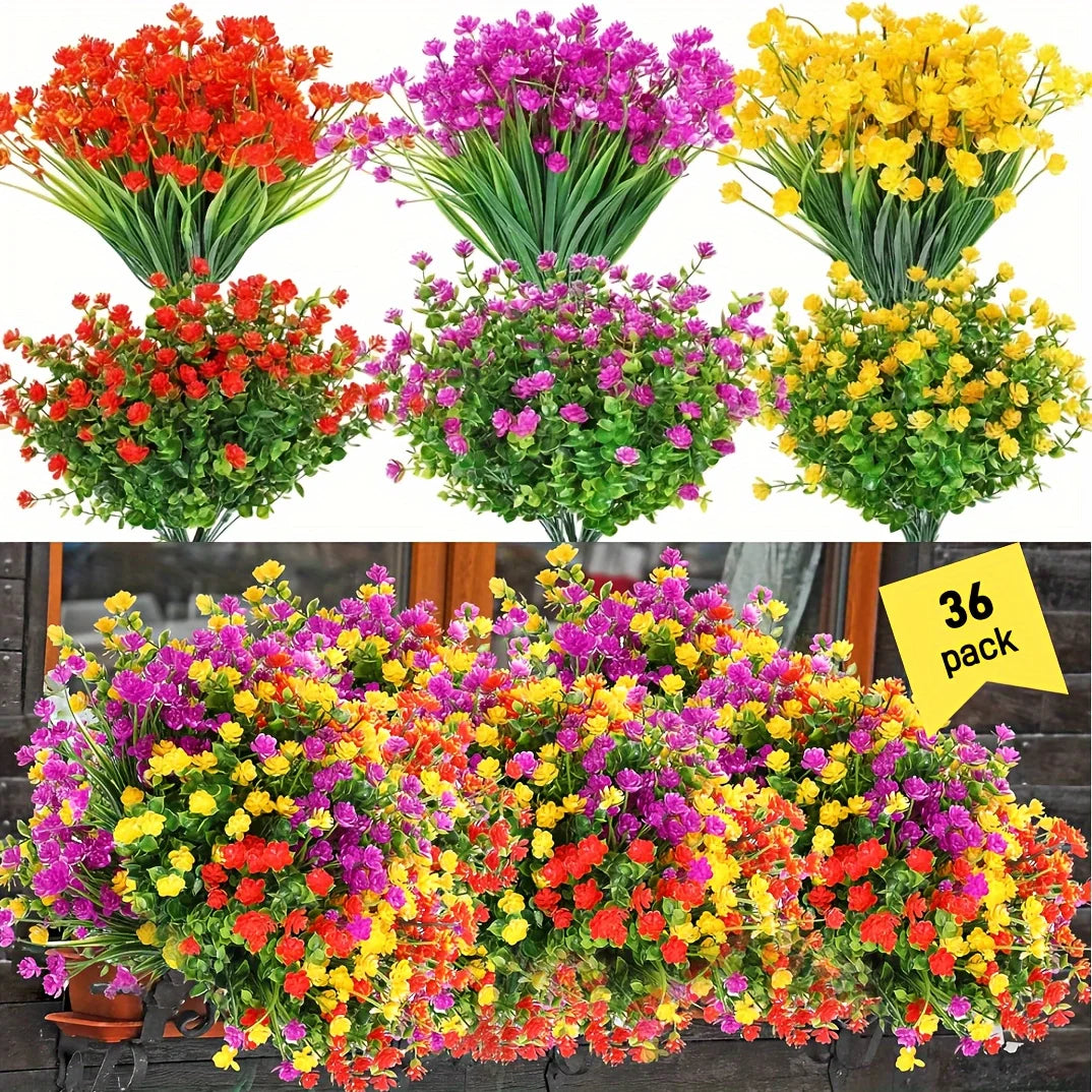 12/18/30/36 PCS UV Resistant Artificial Flowers – Realistic Outdoor Fake Flowers & Shrubs for Garden, Window Box, Porch, Patio, Landscaping Decor