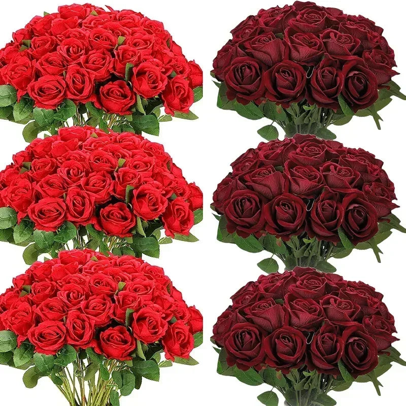 50PCS Bulk Artificial Velvet Roses – Faux Wedding Bouquet Flowers