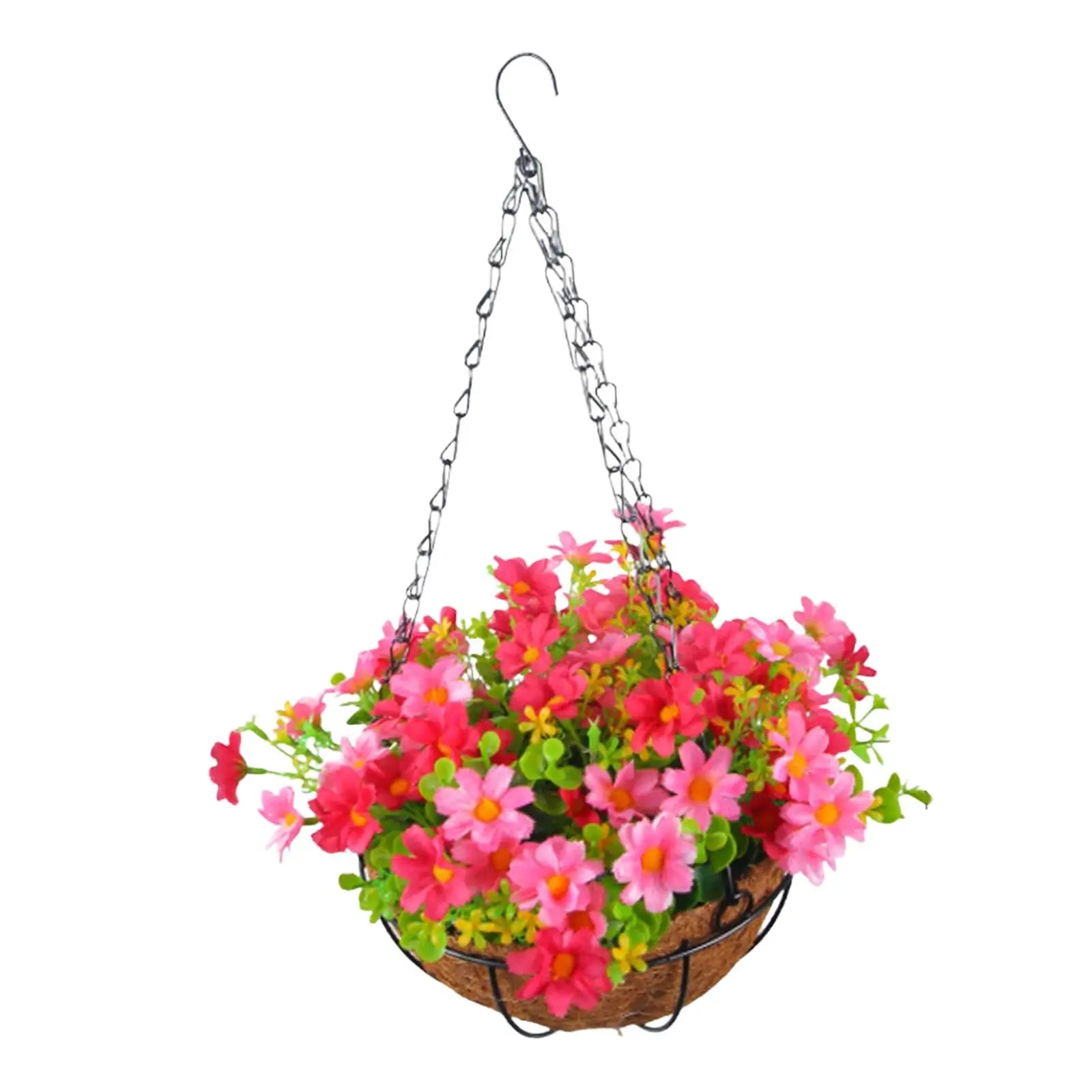 Artificial Hanging Flower Basket with Coconut Liner – Faux Daisy Flower Planter with Chain for Outdoor Patio, Balcony, Porch, Indoor Home Decor