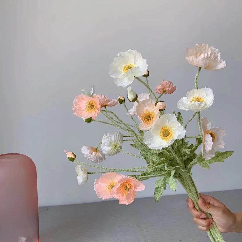 Artificial Poppy Flower Bouquet – 4 Head Silk Faux Poppy Flowers for Home Decor, Wedding Centerpieces, Garden Party Decorations, DIY Floral Arrangements