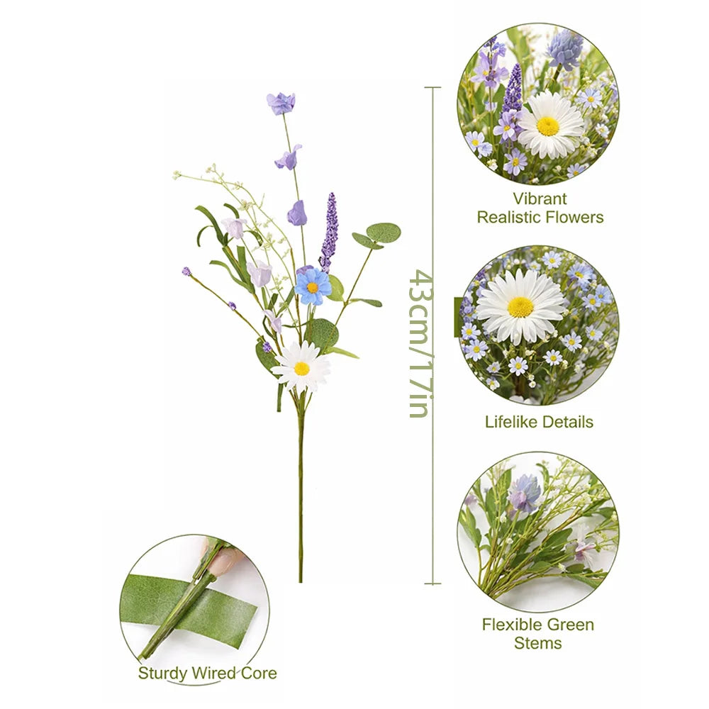 Artificial Spring Flower Picks – Silk Wildflower Bouquet with Daffodils, Daisies & Lavender