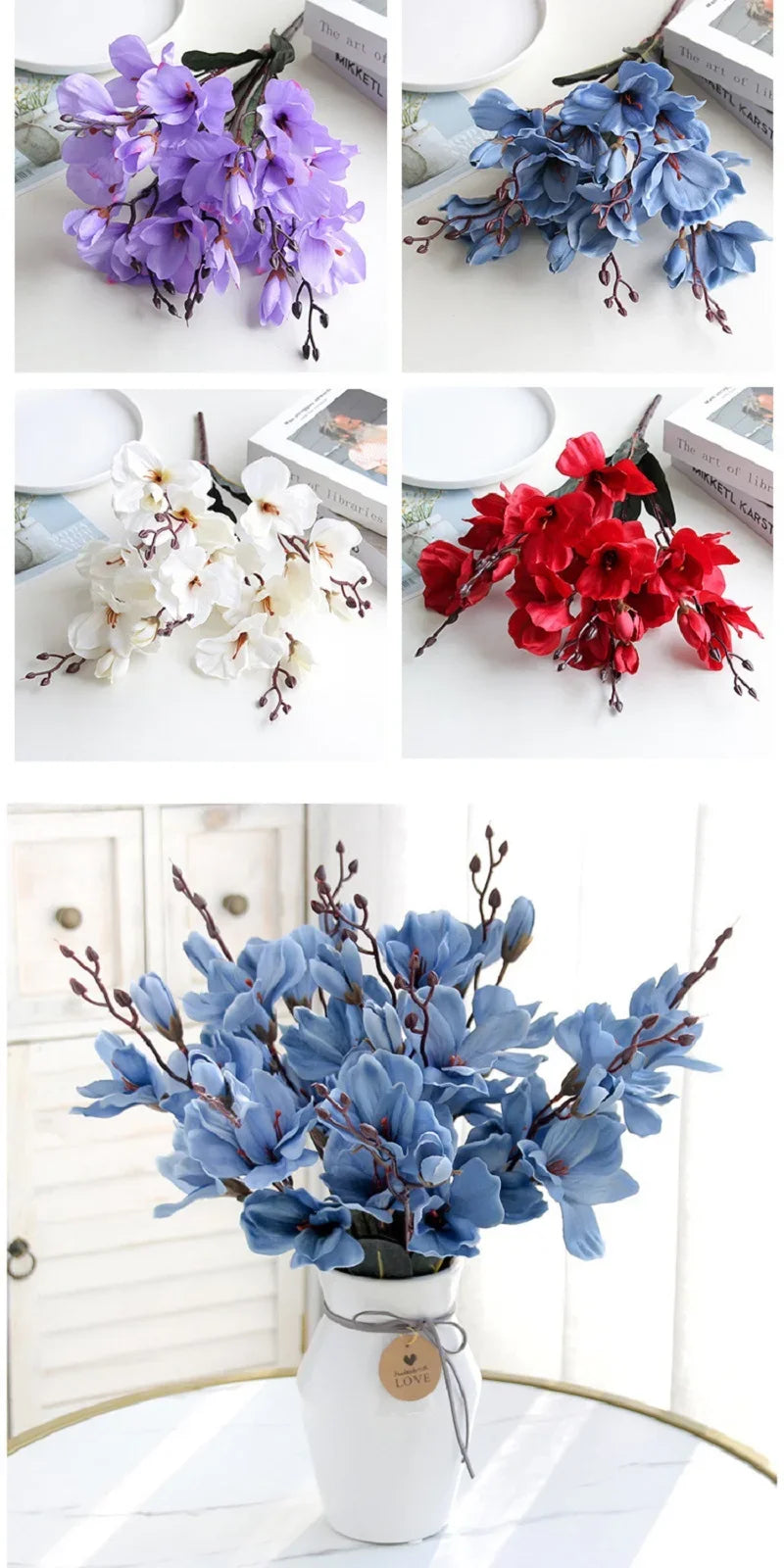 Artificial Magnolia Flower Bouquet – 5 Forks 20 Heads Faux Magnolia Flowers for Wedding Decor, Home Table Centerpieces, Living Room Floral Arrangement