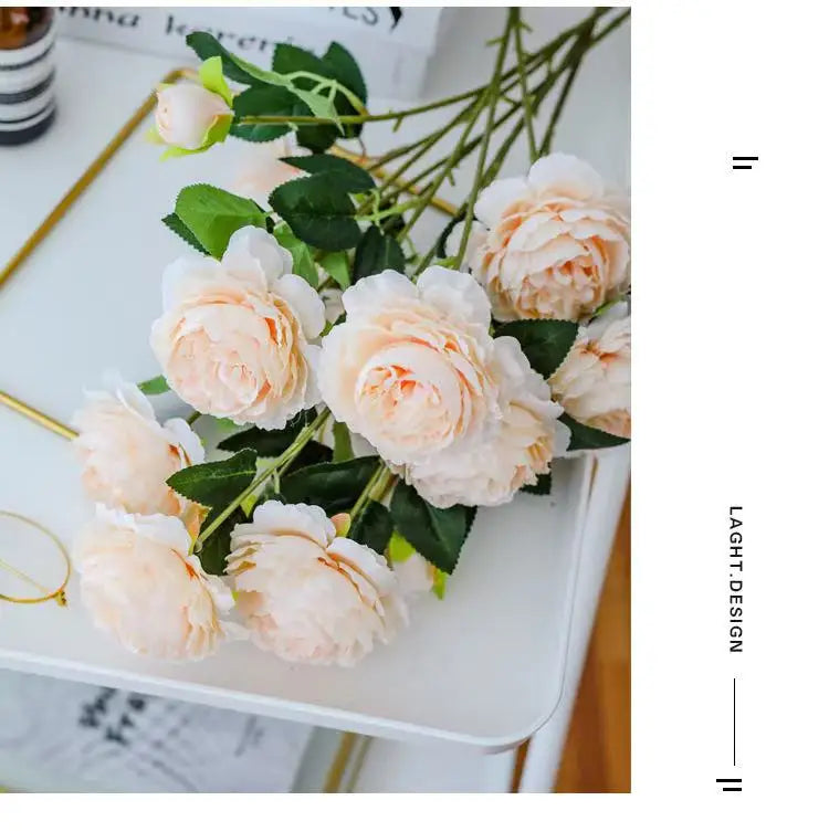 3 Head Artificial Peony & Rose Bouquet – Pink White Silk