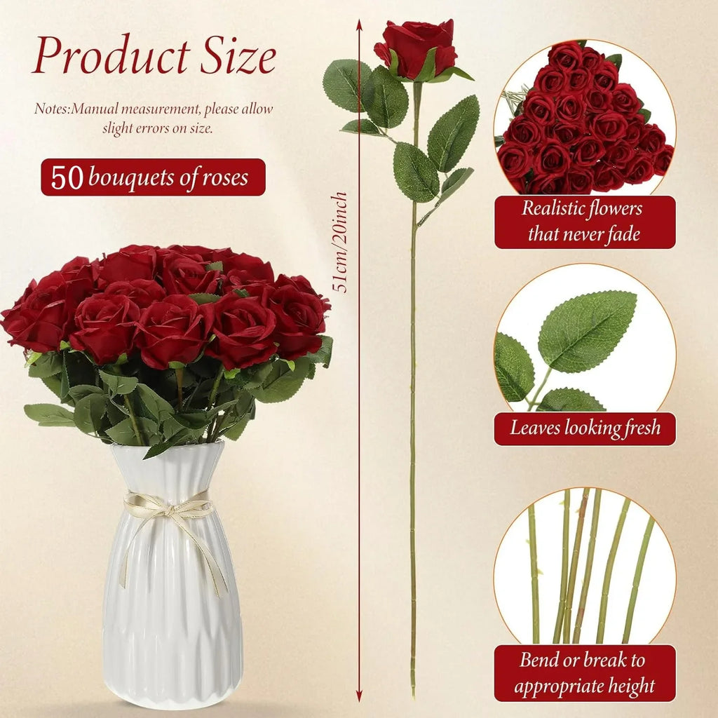 50PCS Velvet Artificial Roses – Real Touch Faux Rose Bouquet for Valentine’s Day, DIY Wedding Bouquets, Party Decorations, Home Decor Floral Arrangements