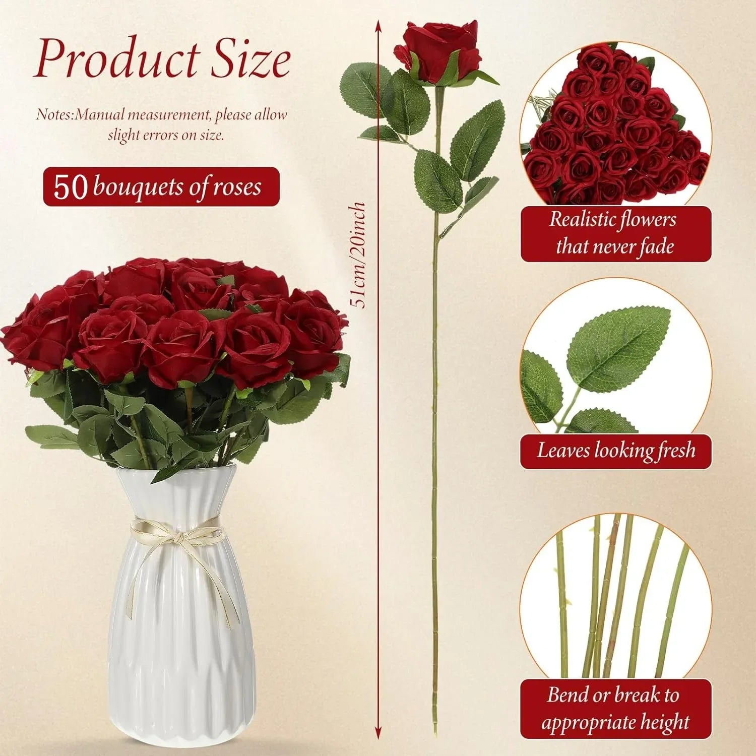 50PCS Velvet Artificial Roses – Real Touch Faux Rose Bouquet for Valentine’s Day, DIY Wedding Bouquets, Party Decorations, Home Decor Floral Arrangements