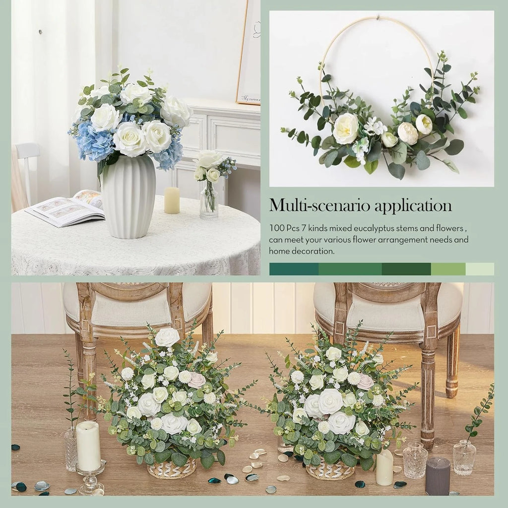60PCS Artificial Eucalyptus & Silver Dollar Stems Bulk – Artificial Greenery Bouquet